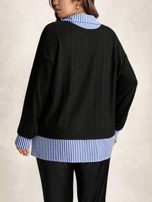 Zelara Plus Size Women'S Striped Color-Blocked Shirt Collar Two-In-One Top, Thanksgiving Women'S Clothing, New Year Women'S Clothing, Winter Dress, Winter Clothing, Women'S Rave Party Costume Elegant Plus Size Tops / Curvy Women'S Tops / Valentine'S Day / Elegant Women'S Blouse / Women'S Holiday Outfits / Birthday Dresses / Back-To-School Dresses / Plus Size Formal Dresses / Afternoon Tea Party Tops, Striped Patchwork Long-Sleeved Tops, Plus Size Faux Two-Piece Tops, Women'S Autumn Clothing, Winter, Fall, Halloween, Christmas, New Year, Thanksgiving, Party Clothing