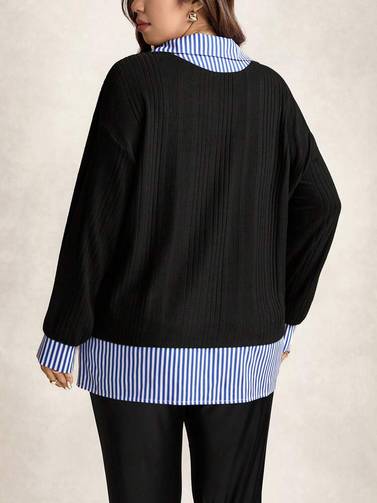 Zelara Plus Size Women's Striped Color-Blocked Shirt Collar Two-In-One Top, Thanksgiving , New Year , Winter , Rave Party Costume Elegant Plus Size Top - Multicolor - View 6