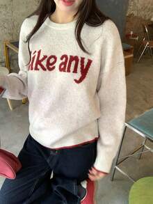 DAZY 女士圆领字母图案长袖毛衣 - 杏色 - 查看 5