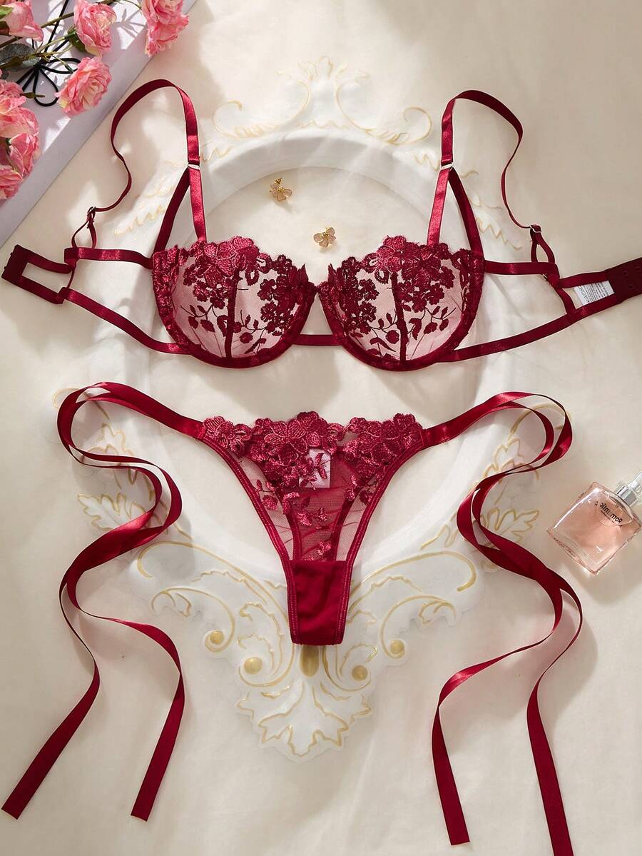 2pcs Sky Blue Embroidered Lace-Up Women's Lingerie Set Boobless Lingerie Set Lace Bra Set Butterfly Lingerie Set Lingerie Set Red Burgundy Lingerie Set - Red - View 1