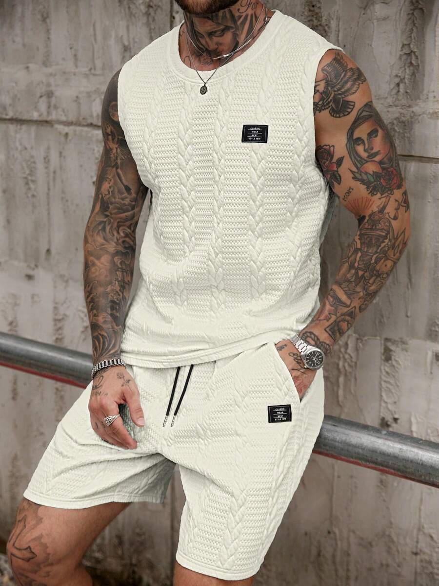 Manfinity Homme Conjunto informal de dos piezas de punto para hombre, con top y pantalones cortos - Albaricoque - Ver 1