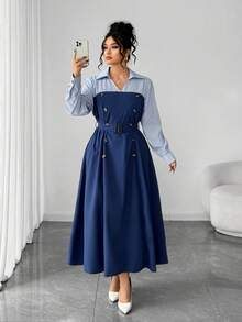 SHEIN Elenzya Abito lungo a blocchi di colore per taglie forti, abito da pendolare per l'autunno/inverno - Multicolore - Visualizzare 6