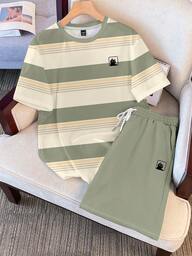 Claim Dot 2pcs Men's Casual Striped T-Shirt & Shorts Set, Funny Cat Design, Suitable For Summer, Cozy Outfits