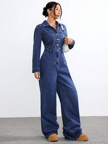 SHEIN ICON Women's Fall /Winter Streetwear Casual Washed Denim Long Sleeve Jacket Jumpsuit - Dark Wash - View 4