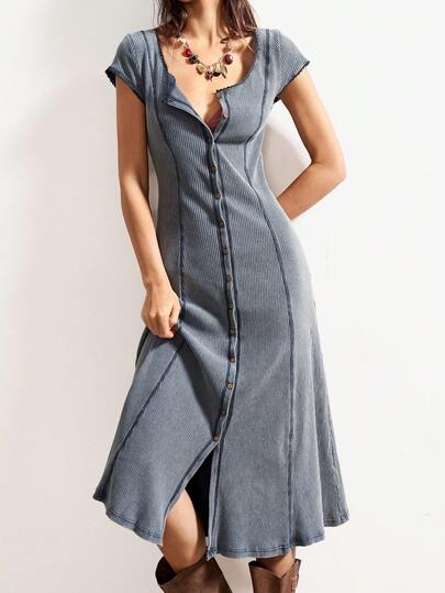 Bohemela Casual Solid Color Knit V-Neck Fitted Washed Women's Mid-Length Dress