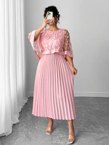 Elenzga Plus Size Women Elegant Pleated Floral Dress, Light Formal Dress - Pink - View 6