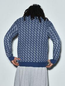 Modcrash Men's Casual Retro Style Jacquard Knit Pullover Sweater, Crew Neck Long Sleeve, Autumn/Winter - Navy Blue - View 2