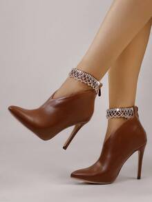 Botín femenino con decoración de diamantes, punta fina, sin cordones, tacón delgado, estilo elegante para fiestas y eventos - Camel - Ver 1