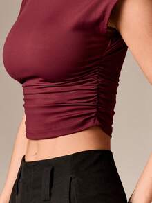 AiiRZ Top corto con cuello de pico y mangas cortas con pliegues para otoño e invierno - Burdeos - Ver 4