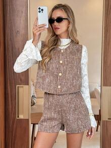 Serisse Women Minimalist Sleeveless Top And Shorts 2 Pieces Set, Casual Daily Wear Brown,Spring Outfit Women,Women's Summer Set,Vacation Outfits Women Elegant Women's Sets ,, 2 Piece Casual Sets Woman, Brown Two Piece Set Women Two Piece Outfit Women Holiday Resort - Brown - View 3