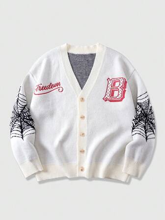 Street Life كارديجان رجالي كاجوال بطراز شبكة العنكبوت والحرف على الرقبة على شكل حرف V مع أزرار، مناسب للخريف والشتاء