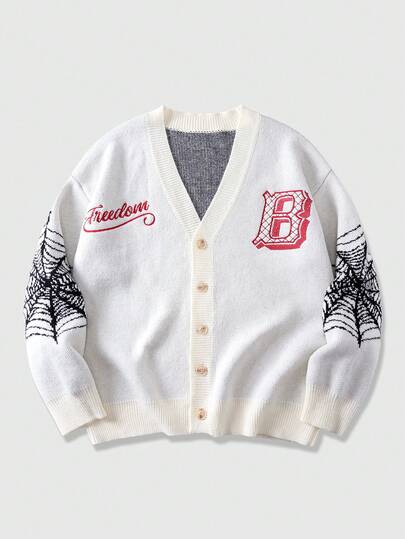 Street Life Men's Casual Fashion Street Halloween Spider Web & Letter Pattern V-Neck Button-Up Cardigan, Autumn/Winter
