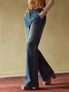 MOTF STUDIO STUDDED DETAIL WASHED FLARE LEG JEANS , FALL WINTER - Blue - View 3