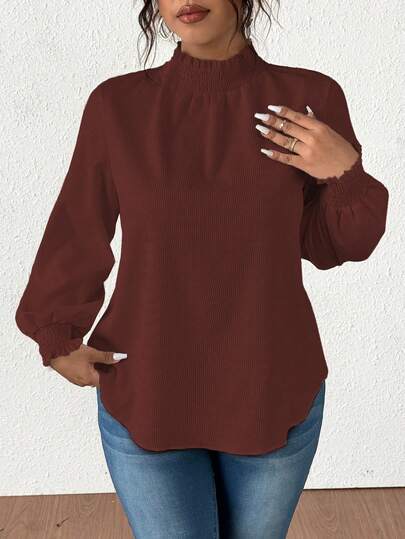 Vionelle Plus Size Solid Color Snap Collar Casual Long Sleeve Textured Shirt Puff Sleeve Blouseblouses Elegantwhite Women Blousesblouse White Women Blouses Elegant Lantern Sleeve Blouse Casual Blouse Modest Blouse Modest Tops For Women