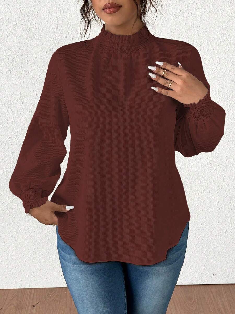 Vionelle 大码纯色按扣领休闲长袖纹理衬衫泡泡袖女式衬衫优雅白色女式衬衫白色 - 鏽棕色 - 查看 1