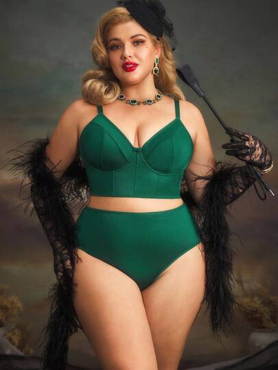 Plus Size Solid Color Spaghetti Strap Bra And Triangle Panties Underwear Set