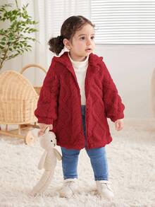 Babygirl Long Sleeve Textured Fuzzy Hooded Sweatshirt Jacket, Suitable For Outings, Parties And Other Occasions, Autumn/Winter - Red - View 6