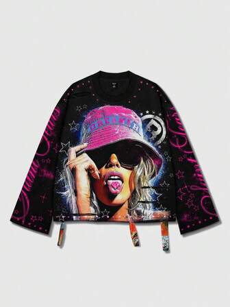 Street Life T-shirt à col ras-du-cou à manches longues pour hommes, style vintage de rue, avec graphique Saint délavé