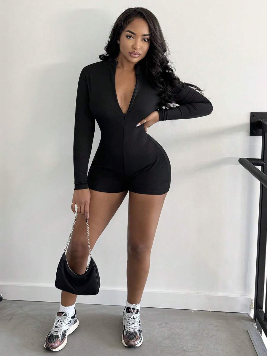 Alexandranx 休闲白色罗纹长袖前拉链连体裤 - E - 黑色 - 查看 1