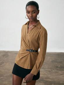 Aveloria Modichic Chemise à manches longues vintage, col cranté, décorative  synthétique, mode minimaliste élégante, ceinturant la taille - Kaki - Voir 4