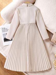SHEIN Teen Girl Pearl Button Decorated Pleated Collar Dress - Apricot - View 2