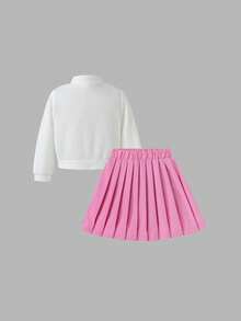 Sweetra Bộ 2 áo khoác cardigan dệt kim thường ngày cho bé gái có thiết kế họa tiết hoa và váy, trang phục mùa thu - trắng - Xem 2