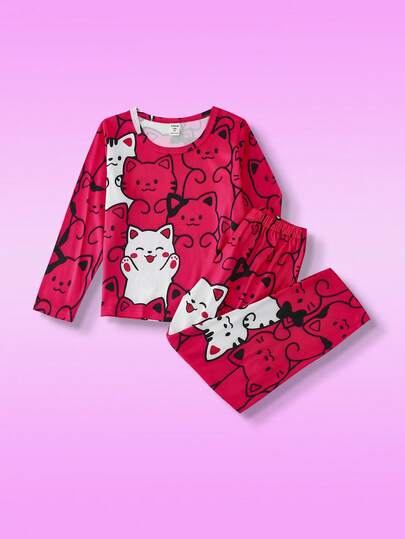 Young Girl Cute Cat Print Crew Neck Long Sleeve Top And Pants Pajama Set