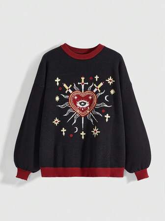 Goth Suéter de cuello redondo con bloques de color en estilo gótico, misterioso y de bruja con diseños de sol, luna, estrella, corazón y ojo