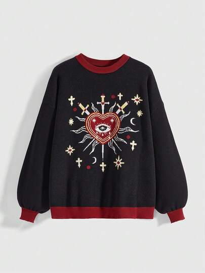 Goth Suéter de cuello redondo con bloques de color en estilo gótico, misterioso y de bruja con diseños de sol, luna, estrella, corazón y ojo