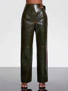 NYA SZN Pants High Rise Slim Flare Fitted Faux Leather Green Summer Chic For Women - Green - View 4