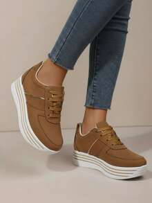 Zapatillas casuales para mujer, plataforma cómoda, punta redonda, cordones clásicos, estilo minimalista, uso diario, zapatos de moda - Marrón - Ver 2