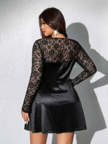 Viva Relle Vestido sexy de manga larga con cuello cuadrado, parches de encaje yunicoloro para tallas grandes - Negro - Ver 6