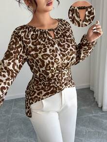 Elenzga Plus Size Women Leopard Print Wrap Elegant Shirt, Autumn/Winter - Multicolor - View 3