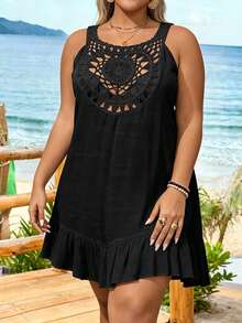 SHEIN Swim Curve Plus Size Women's Solid Color Sleeveless Hollow Out Cover Up,Summer Beach - Black - View 5