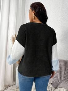 EMERY ROSE Sudadera de cuello redondo con bloques de color cálidos y acolchados en talla grande - Azul - Ver 2