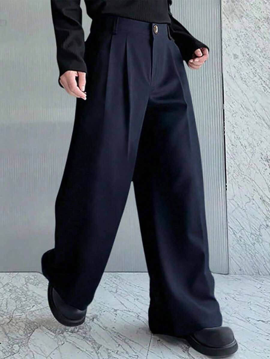 Manfinity Hypemode 男士纯色百褶阔腿宽松休闲裤阔腿裤超大码裤子宽松裤高腰裤宽松裤子秋季 - 藏蓝色 - 查看 1
