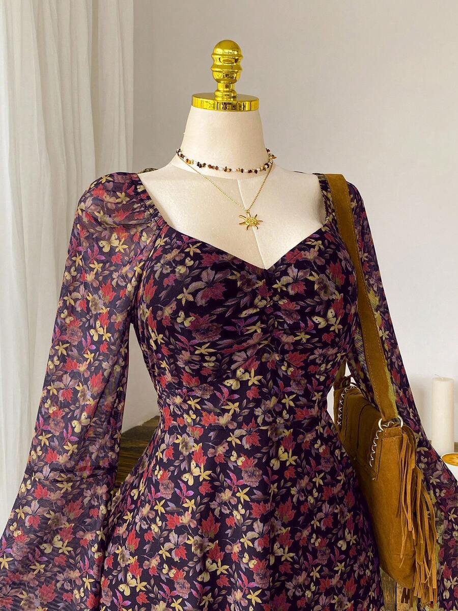 SHEIN EZwear Plus Size Casual Brown Maple Leaf Print Long Sleeve Dress, Autumn/Winter Musera Dress Floral Dress Elegant Autumn Dress