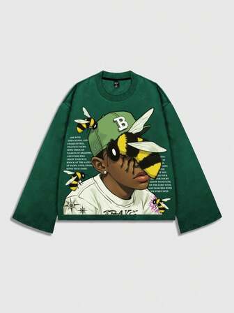 Street Life T-shirt à manches longues imprimé pour hommes, coupe ample et courte