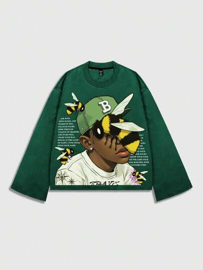 Street Life Men's Printed Long Sleeve T-Shirt, Loose Cropped Fit