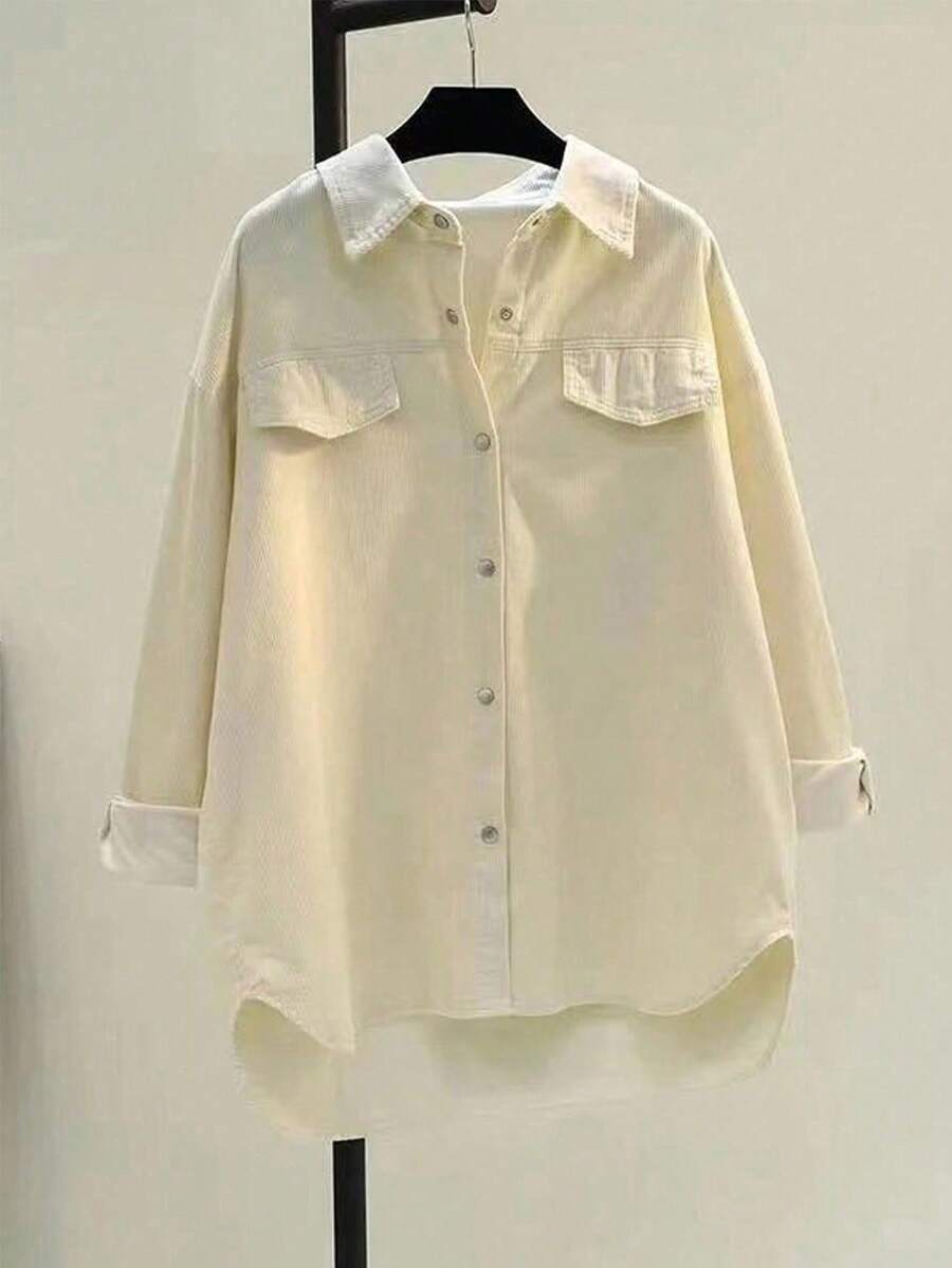 EMERY ROSE Plus Size Women Casual Loose Corduroy Shirt - Cream - View 1