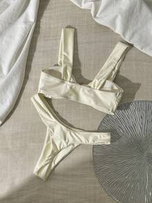 Swim Chiccia 纯色金属装饰吊带女士度假泳装套装 - 米色 - 查看 3