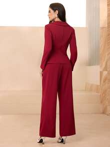 Modelyn 两件套女士V领不对称腰部褶皱设计套装 - 紅色 - 查看 2