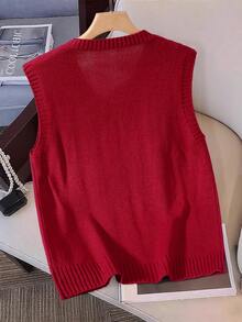 Manfinity Homme Men's V-Neck Casual Knitted Vest With Cable Pattern, Autumn/Winter Red Sweater Vest - Red - View 2