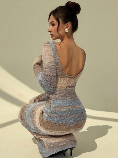 Aloruh Women's New Autumn/Winter Versatile Vintage Striped Knit Bodycon Dress, Sexy Open Back Long Sleeve Fitted Long Knit Dress,Fall,Fall Clothes For Women