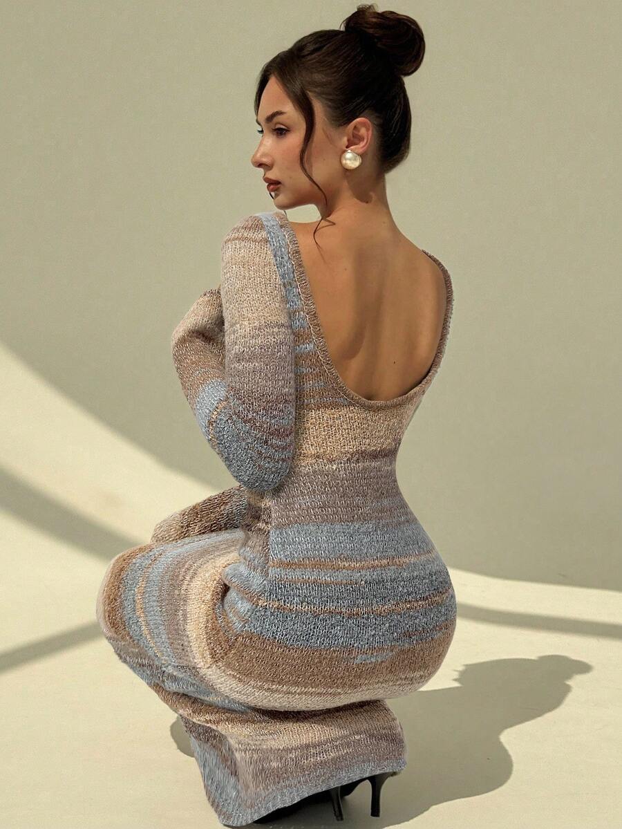 Aloruh Rochie lungă tricotată cu dungi, stil vintage, versatilă, toamnă/iarnă, pentru femei, sexy, cu spate deschis, mânecă lungă, ajustată