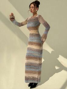 Aloruh Rochie lungă tricotată cu dungi, stil vintage, versatilă, toamnă/iarnă, pentru femei, sexy, cu spate deschis, mânecă lungă, ajustată