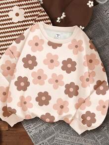 SHEIN Leap Crew Tween女孩 3件組休閒上衣，花卉、棕色條紋、米色，厚實柔軟可愛，開學季秋季服飾，寬鬆版型長袖冬季上衣 - 彩色 - 查看 3