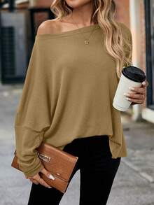 LanaWest 女式宽松华夫格针织露肩蝙蝠袖T恤，绿色，秋季 - 黃色 - 查看 1