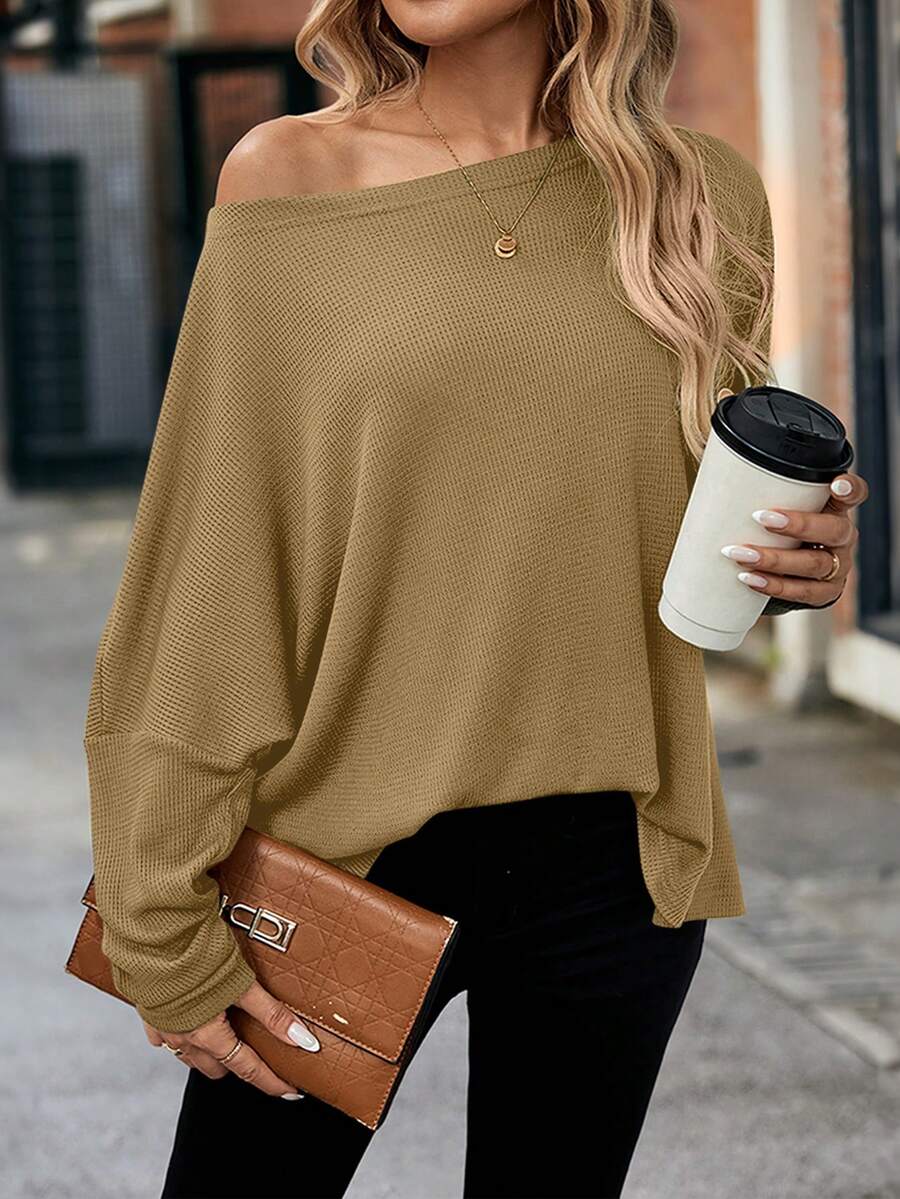 LanaWest 女式宽松华夫格针织露肩蝙蝠袖T恤，绿色，秋季 - 黃色 - 查看 1