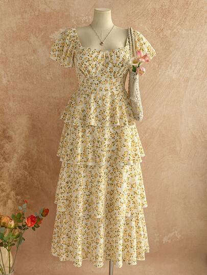 Soleia Plus Size Women's Ditsy Floral Flutter Sleeve Backless Bowknot Layered Maxi Dress, Vacation